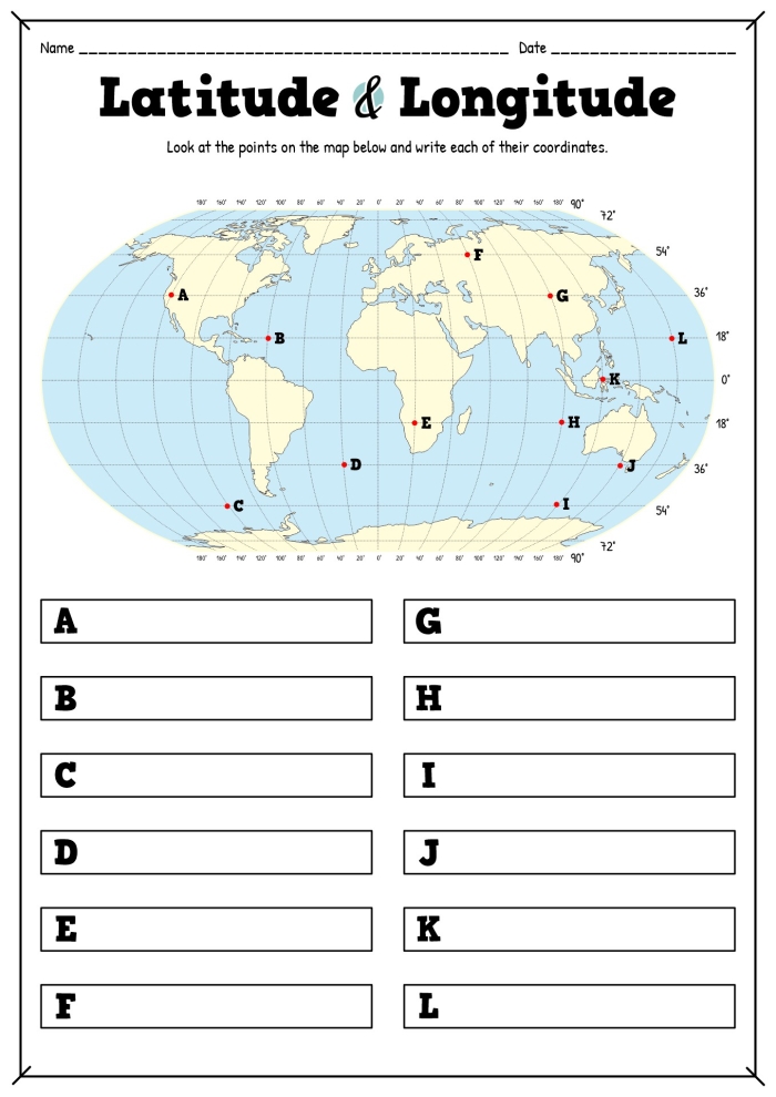 Latitude and Longitude worksheet for fourth graders to enhance map skills