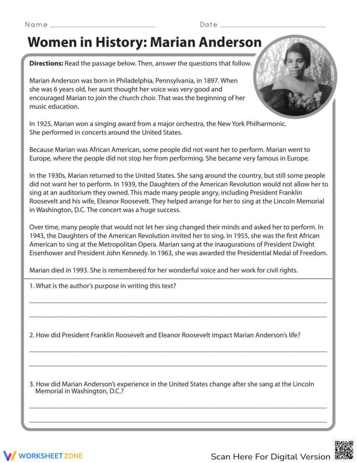 Marian Anderson worksheet for fourth graders featuring reading comprehension questions