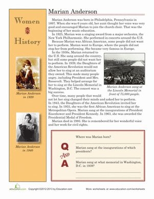 Worksheet featuring a biography and questions about opera singer Marian Anderson for fourth graders