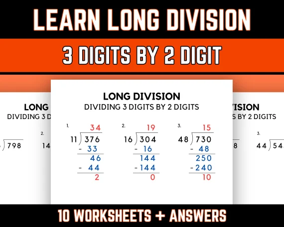 Fourth grade students practicing long division skills with two and three digit dividends on a math worksheet