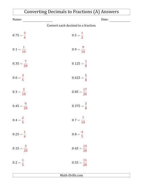 Decimals to Fractions worksheet for fourth graders featuring a matching exercise