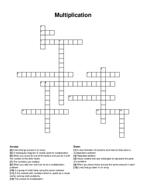 Multiplication crossword puzzle worksheet for fourth graders featuring engaging math challenges