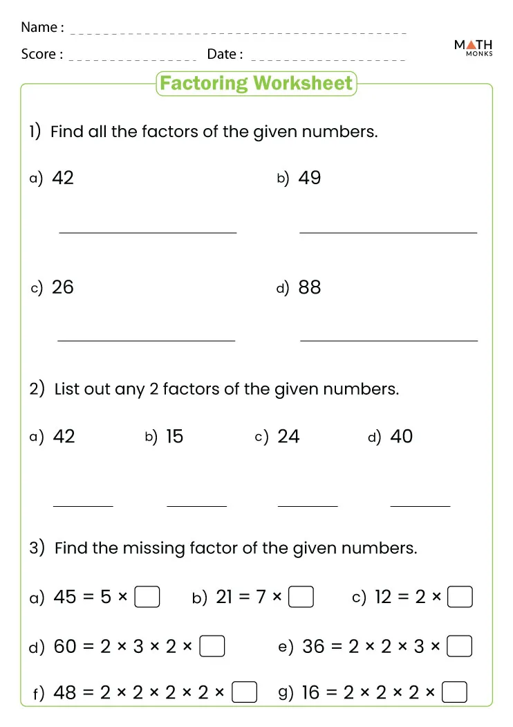 Fourth grade math worksheet featuring practice problems to find factor pairs for two digit numbers