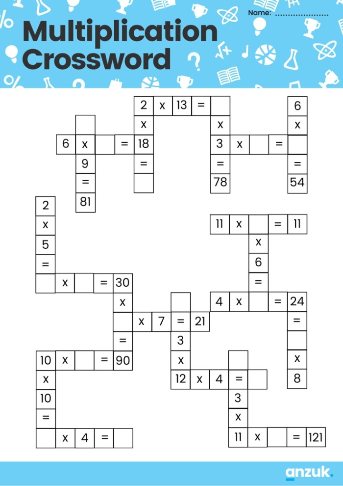 Multiplication crossword puzzle worksheet for fourth graders featuring fun math challenges