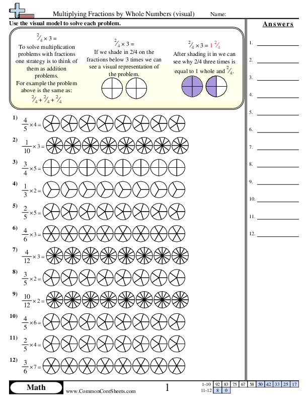Fourth grade math worksheet featuring practice problems for multiplying fractions by whole numbers