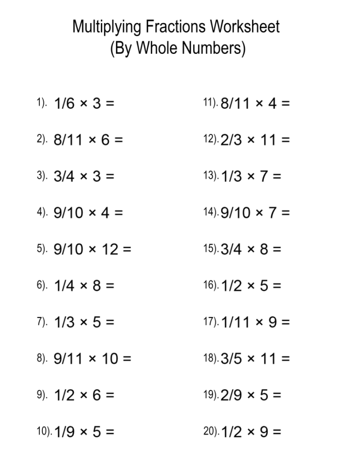 Fourth grade student completing a math worksheet on multiplying fractions by whole numbers