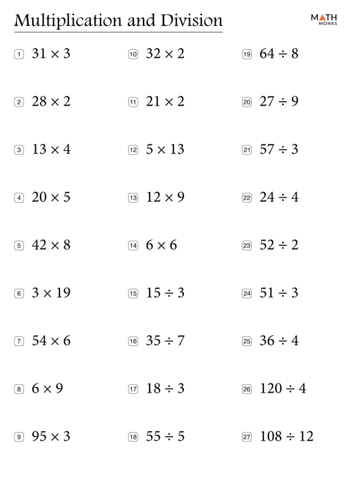 Educational worksheet for fourth-grade math skills enhancement Multiplication and division practice worksheet designed for fourth graders