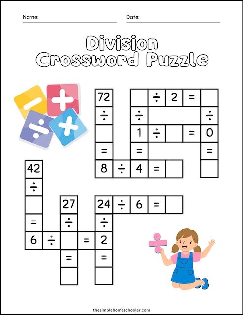Division crossword worksheet for fourth graders focusing on time and money concepts
