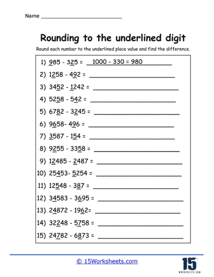 Comprehensive subtraction assessment worksheet for understanding number sense Math Review Part 1 worksheet featuring place value and rounding exercises for fourth-grade students
