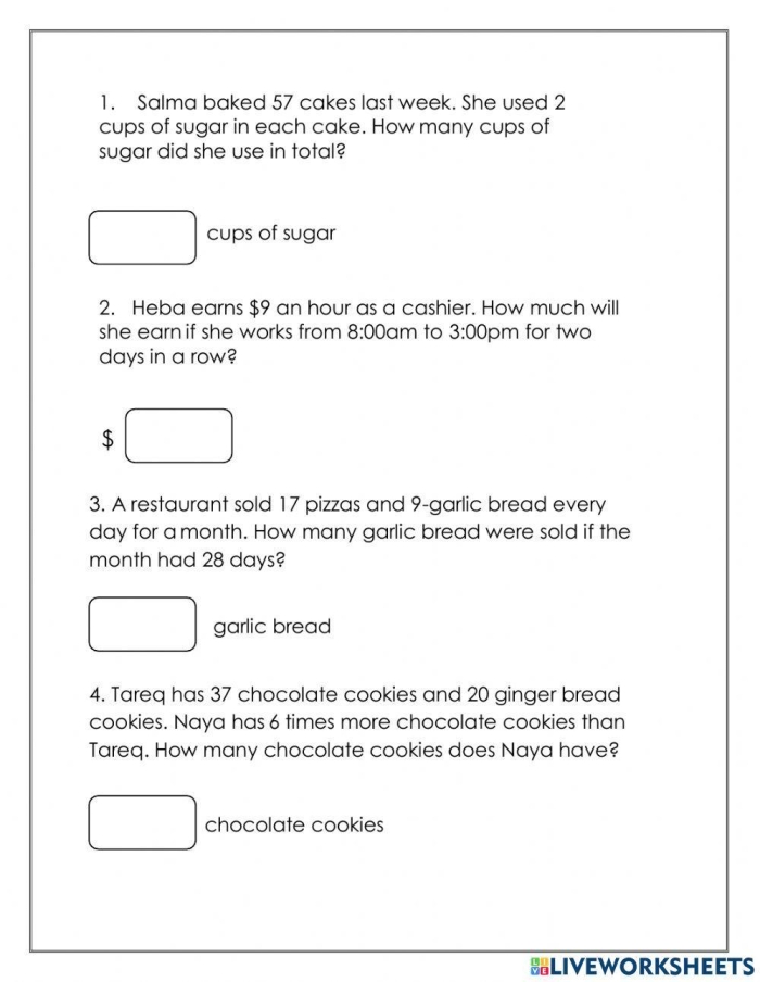 Math Skills Word Problems worksheet for fourth graders focusing on numbers and counting