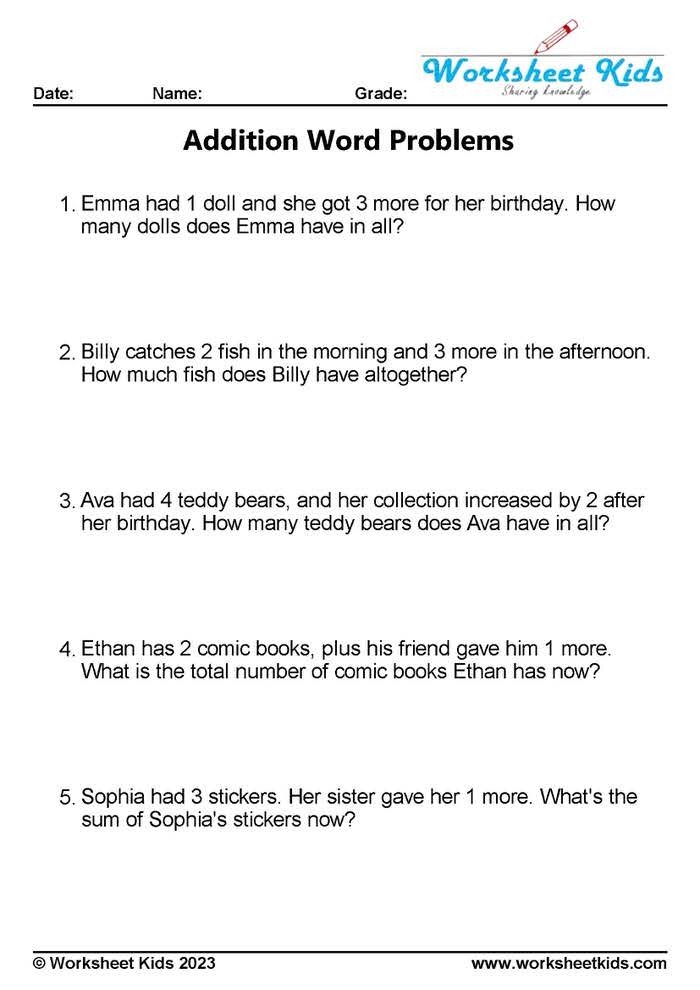 Fourth grade math word problems worksheet featuring addition and subtraction exercises for number skills practice