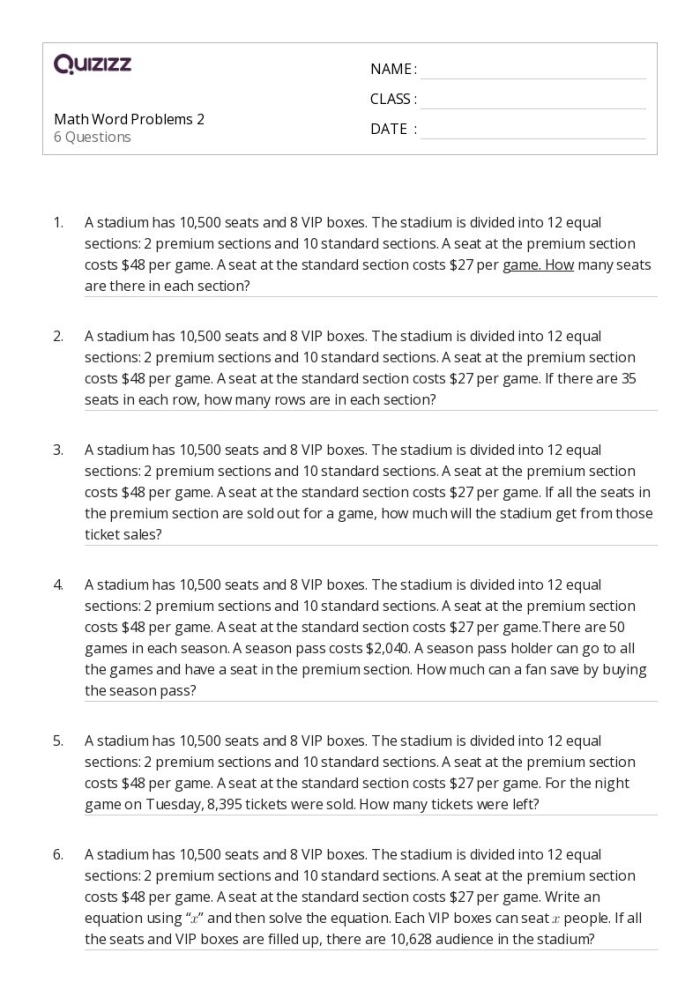 Worksheet featuring fourth grade math word problems for skill testing