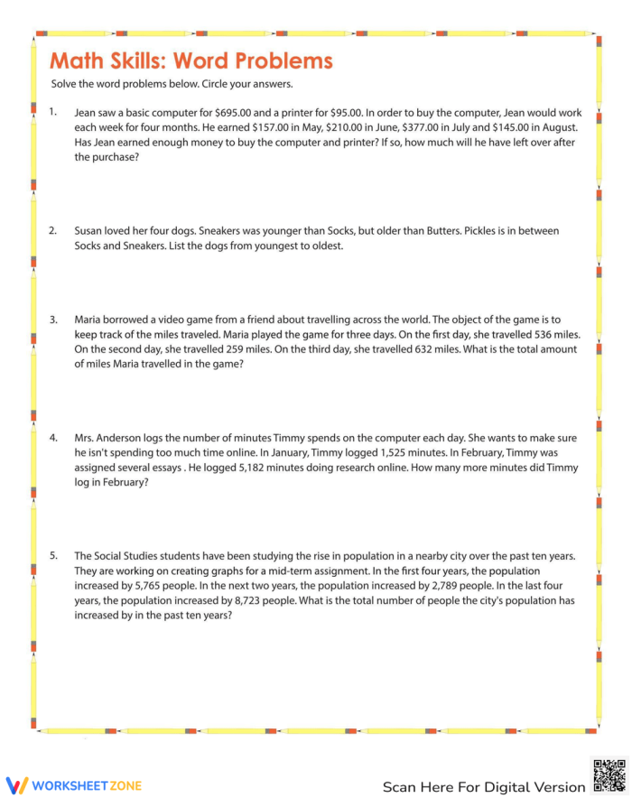 Fourth grade student working on a set of mixed math word problems worksheet
