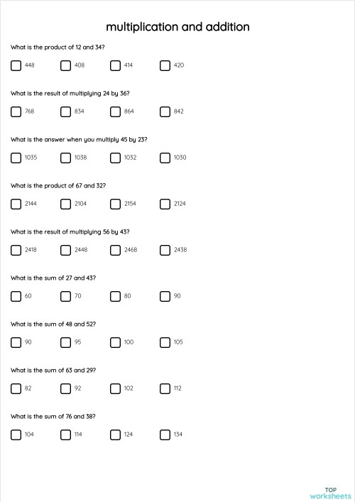 Multiplication and Addition Practice Worksheet for Fourth Grade Number Twelve Fourth grade math worksheet featuring twenty-four mixed multiplication addition and subtraction problems