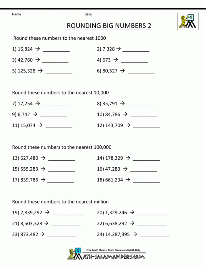 Math Review Part 1: Place Value and Rounding Worksheet for Fourth Graders Fourth grade math worksheet focusing on place value and rounding skills for assessment