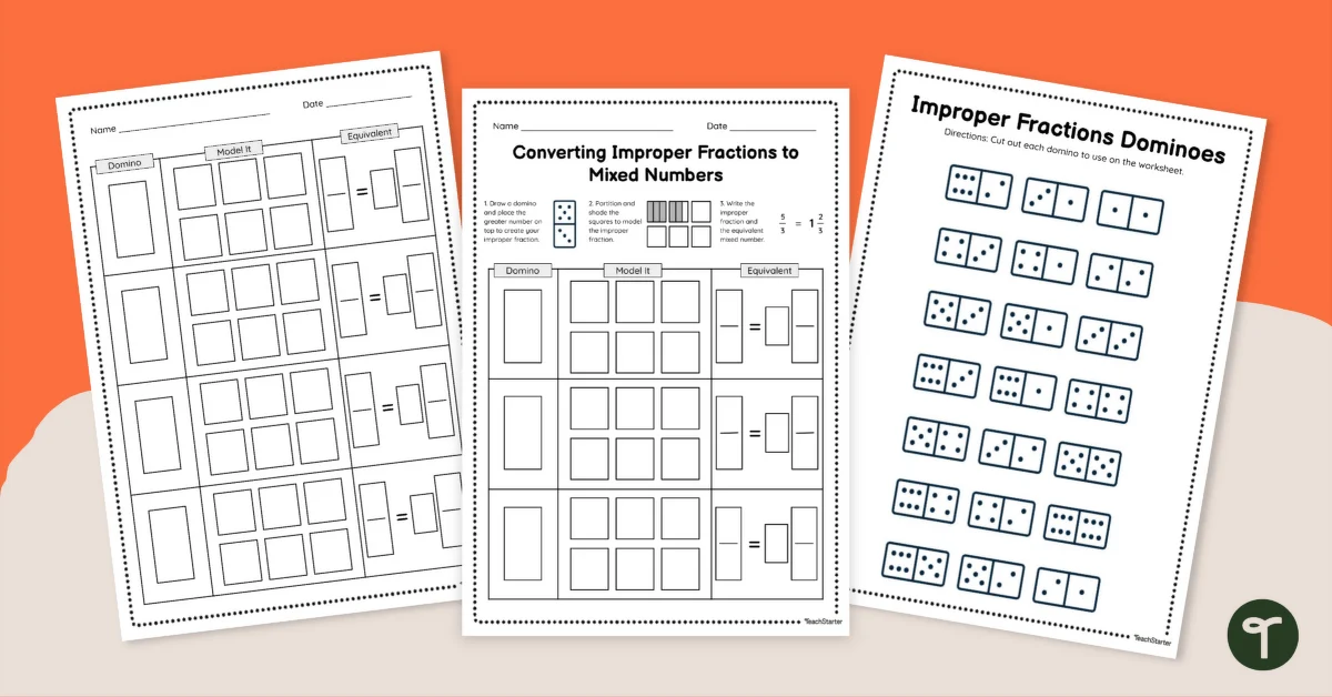 Fun activity for fourth graders on converting improper fractions to mixed numbers Worksheet featuring a Kramster calculating pellets from improper fractions
