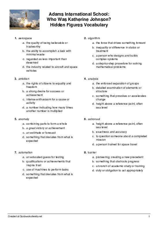 Worksheet featuring Katherine Johnson, an influential African American mathematician and physicist in space exploration. Discover her remarkable contributions in this fourth-grade geometry resource.