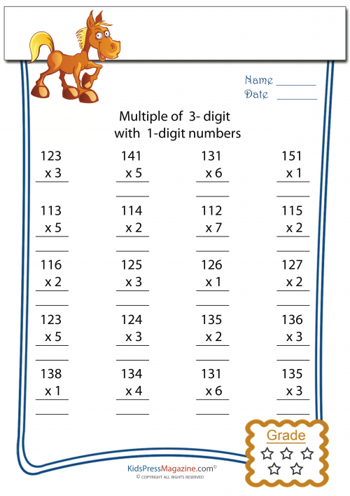 Multiplication practice worksheet featuring 3-digit by 1-digit problems for educational use 3-Digit by 1-Digit Multiplication worksheet for fourth-grade students to enhance their math skills