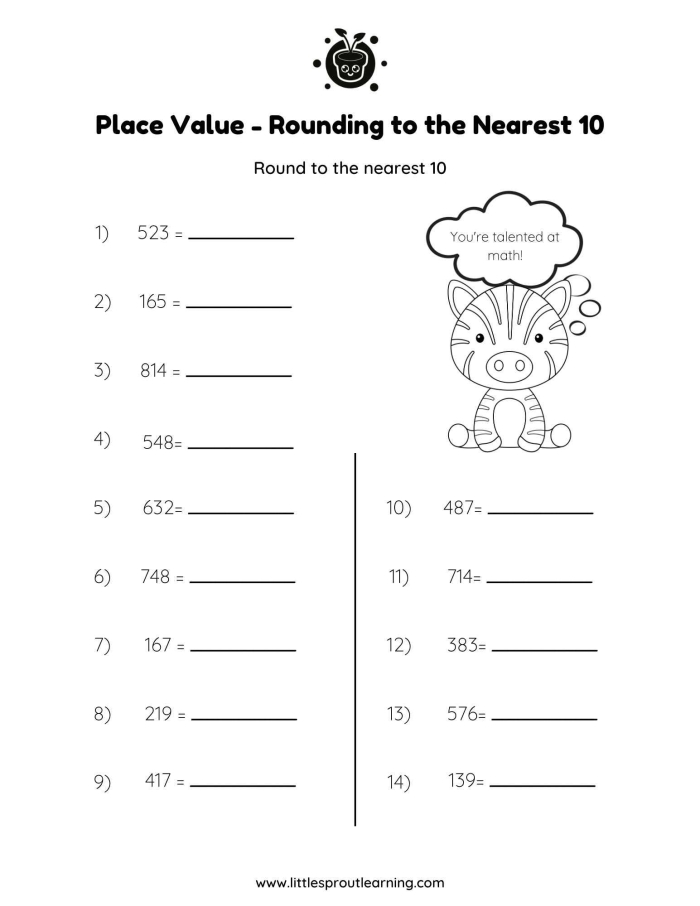 Worksheet image for assessing subtraction skills in number sense and rounding techniques Math Review Part 1 worksheet focusing on place value and rounding concepts for fourth graders