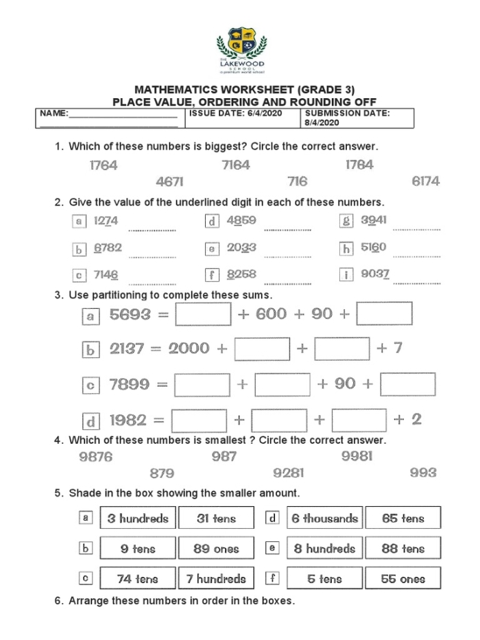 Comprehensive assessment sheet for understanding number sense concepts Math Review Part 1 worksheet focusing on place value and rounding for fourth graders