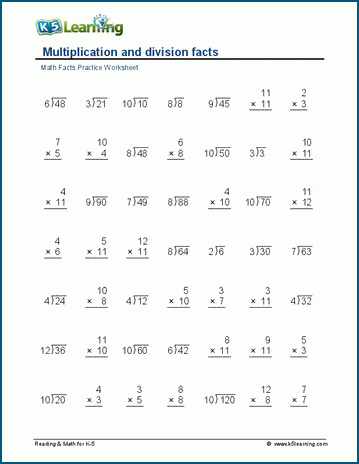 Multiplication and Division Practice Worksheet Number 12 Fourth grade math worksheet featuring multiplication and division practice problems for students