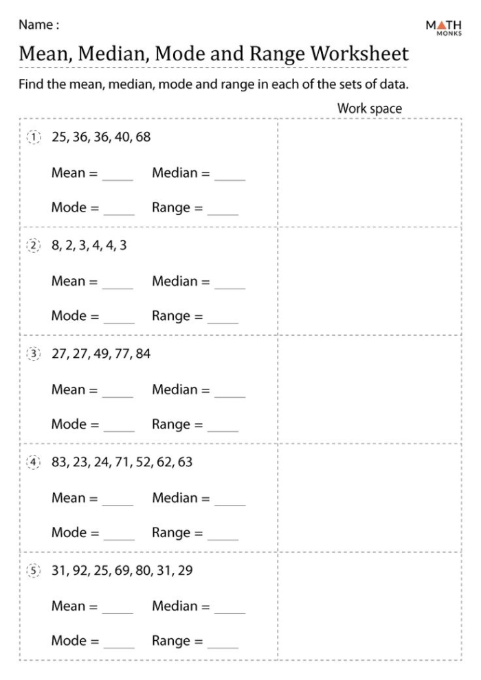 Educational activity for fourth graders on basic statistics concepts Worksheet for calculating mean, median, and mode in fourth-grade math