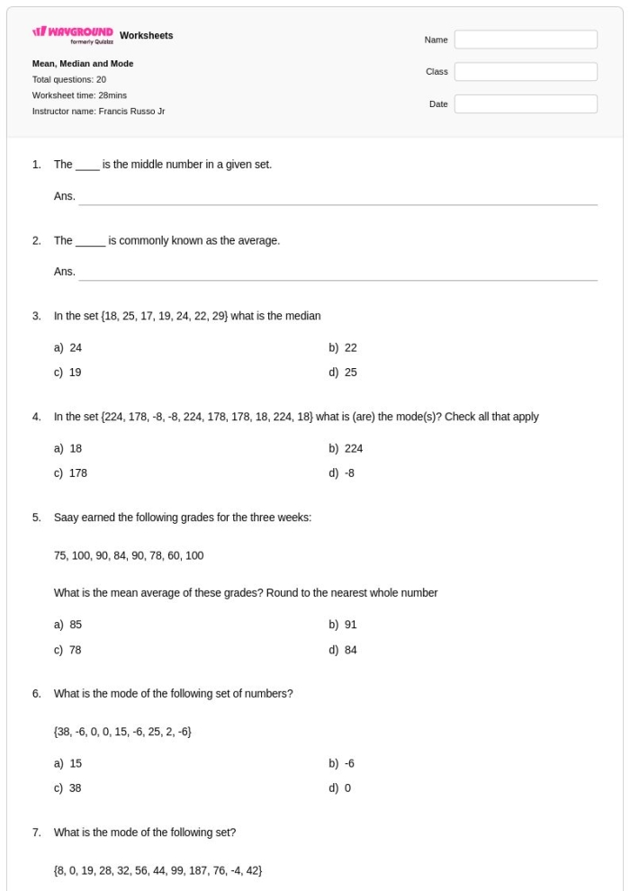 Calculating statistics: Mean, Median, and Mode worksheet for Grade 4 Worksheet for finding the mean, median, and mode for fourth graders