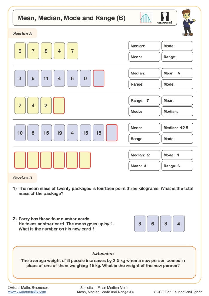 Educational resource for calculating basic statistics: mean, median, and mode worksheet Worksheet for finding the mean, median, and mode with number sets for fourth graders