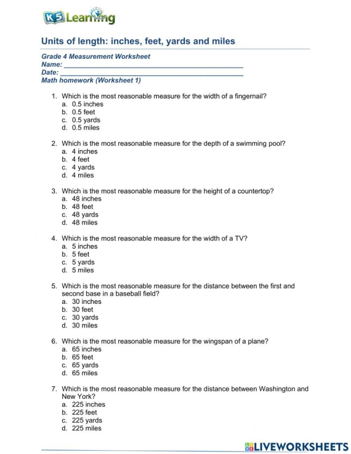 Fourth grade math worksheet focused on converting measurements between inches, feet, and yards