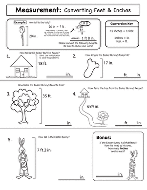 Fourth grade Easter-themed worksheet for practicing inch and foot measurement conversions