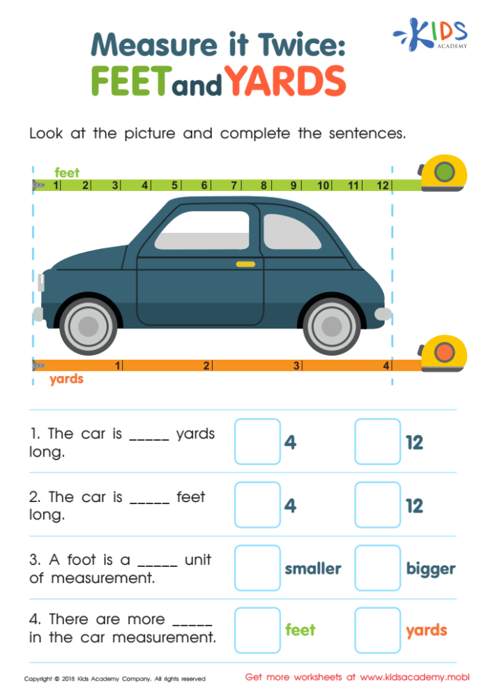 Worksheet for practicing conversions between inches, feet, and yards for fourth graders