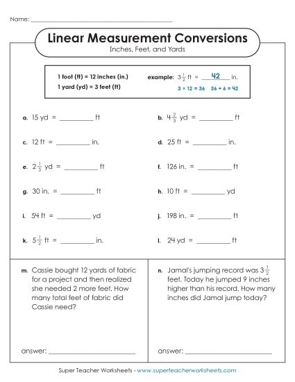 Fourth grade math worksheet for converting inches feet and yards