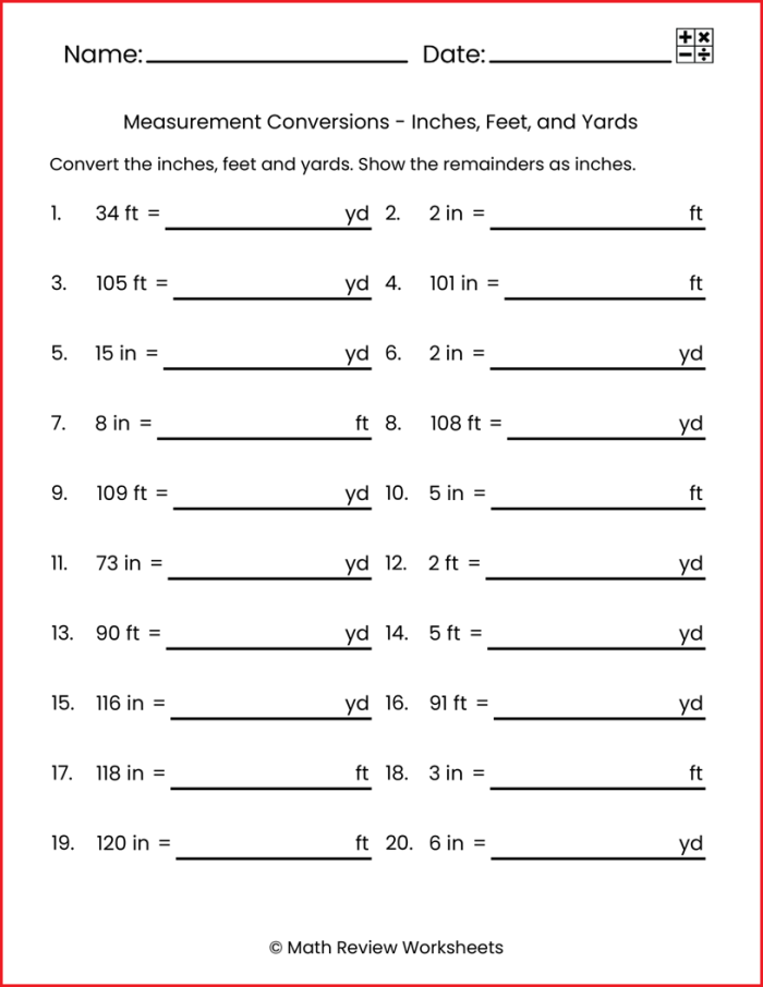 Worksheet for practicing conversions between inches, feet, and yards for fourth graders