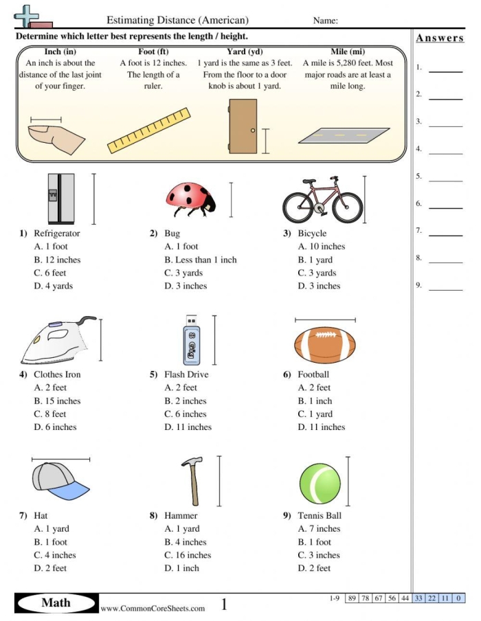Worksheet for converting inches, feet, and yards for fourth graders