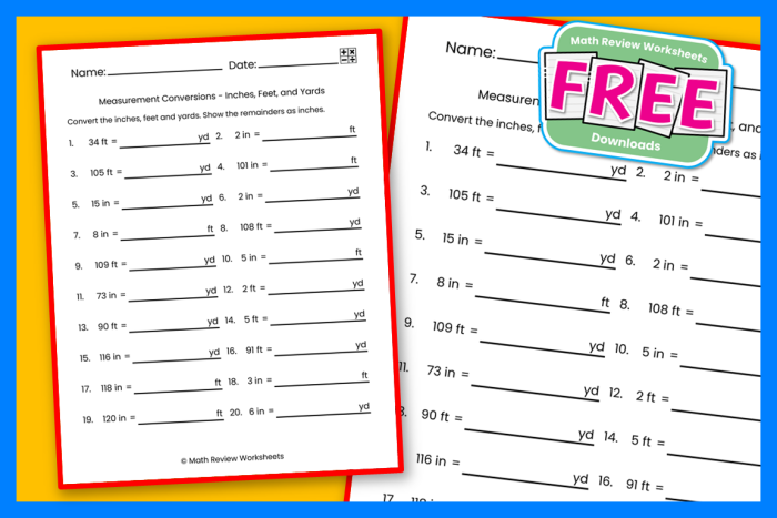 Worksheet for practicing conversions between inches, feet, and yards for fourth graders
