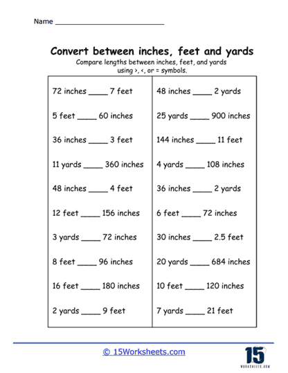 Worksheet for practicing conversions between inches, feet, and yards for fourth graders