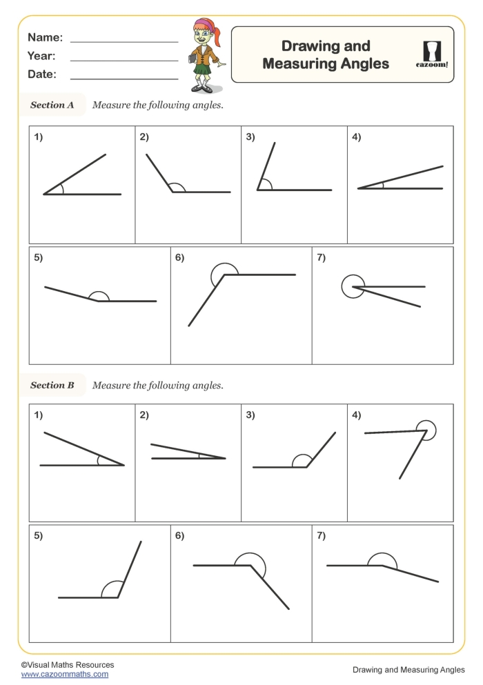 Fourth grade geometry worksheet featuring a collection of angles for students to practice measuring with a protractor