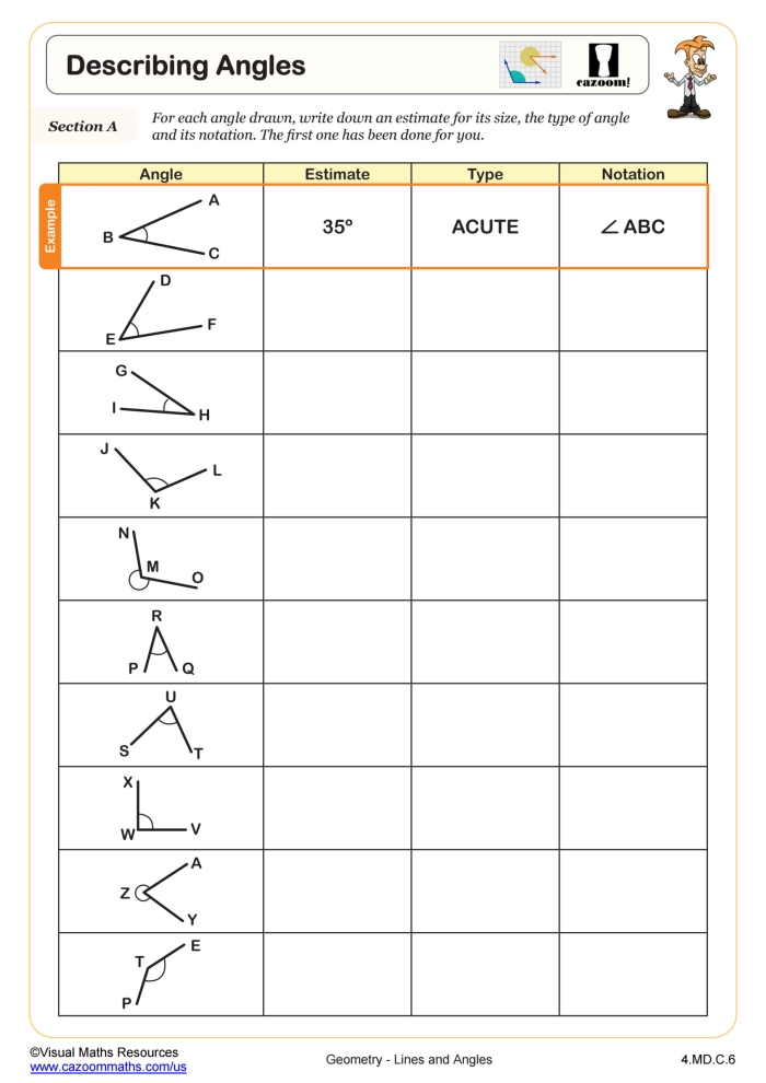 Fourth grade geometry worksheet featuring various angles for students to practice measuring with a protractor