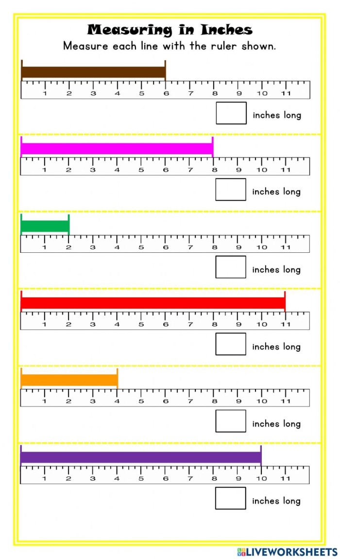 Practice sheet to enhance inch measurement skills in students Worksheet for measuring inches with a ruler for fourth graders
