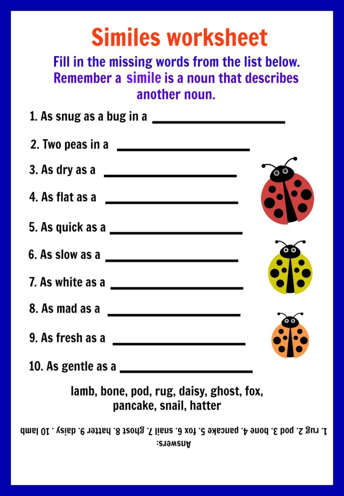 Fourth grade worksheet featuring Tennyson the Turtle teaching metaphors and similes
