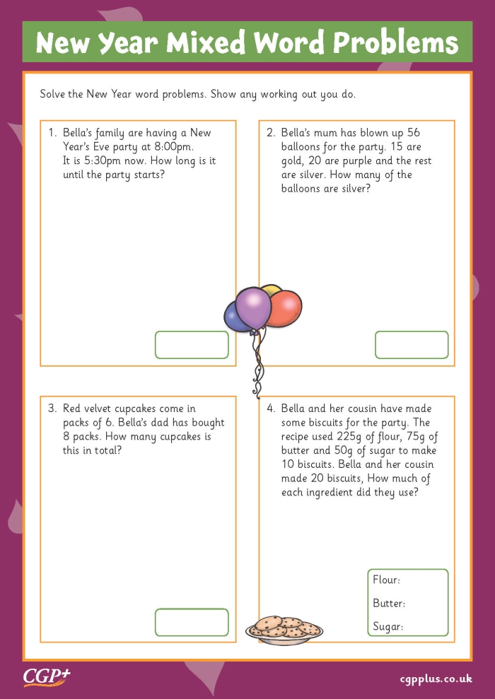 Fourth grade student solving birthday party math challenges on a mixed word problems worksheet