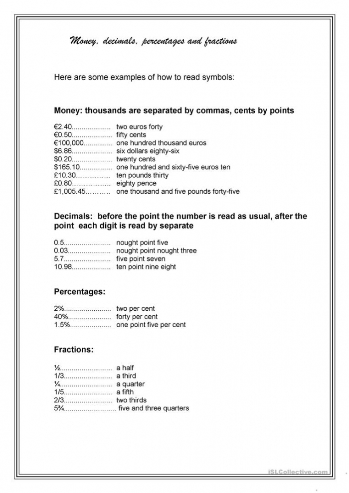 Fourth grade math worksheet featuring money practice exercises for converting values into fractions and decimals