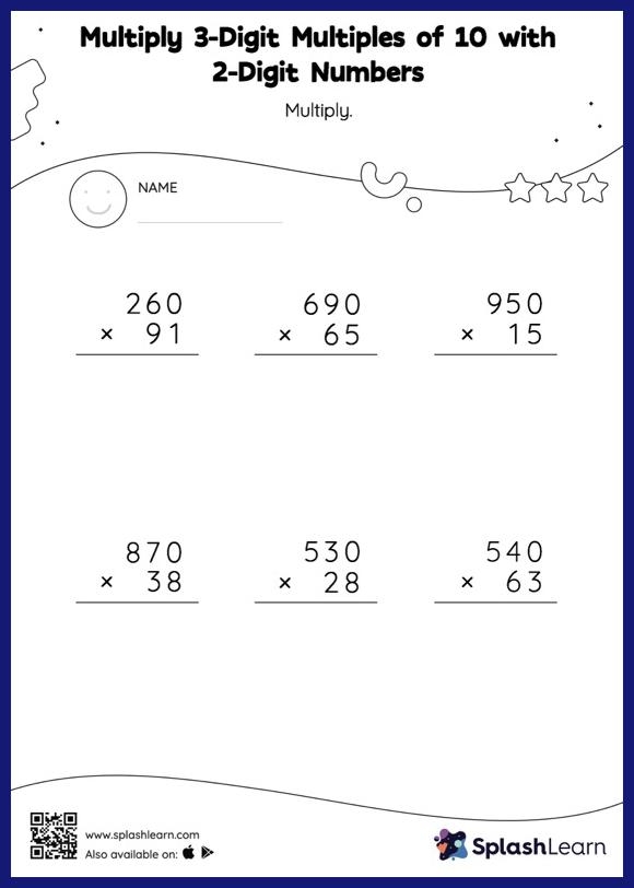 Practice worksheet for multiplying two and three-digit factors with regrouping Worksheet featuring multi-digit multiplication problems for fourth graders