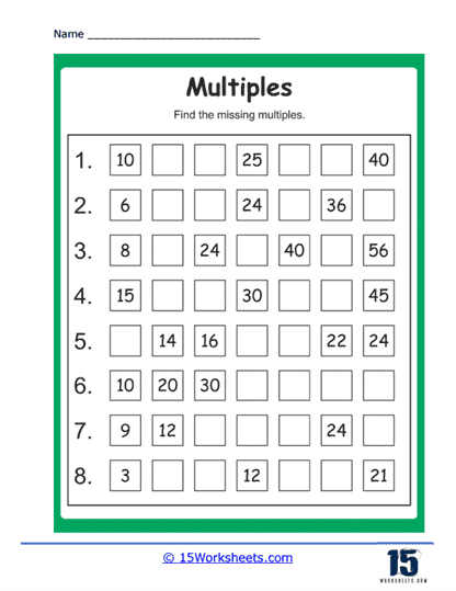 Fourth grade math worksheet showing multiplication problems where students identify multiples of whole numbers to build number sense
