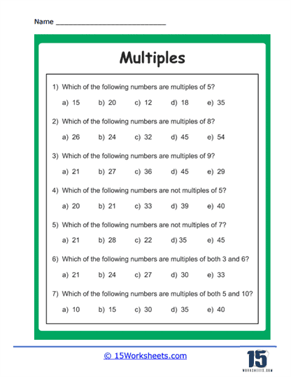 Fourth grade math worksheet for identifying multiples of whole numbers