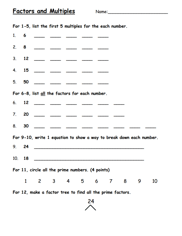 Fourth grade math worksheet showing multiplication problems where students identify multiples of whole numbers to develop number sense