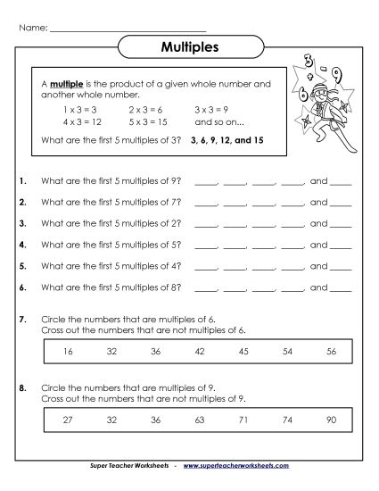 Fourth grade math worksheet showing multiplication exercises where students identify multiples of whole numbers to strengthen their understanding of number relationships