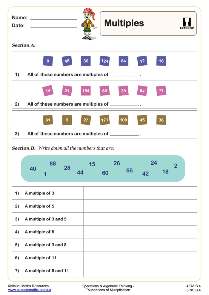 Fourth grade math worksheet for identifying and listing multiples of whole numbers