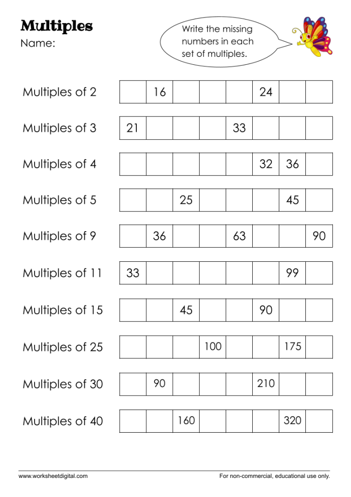 Fourth grade students practice finding multiples of whole numbers to strengthen their math skills in this addition worksheet