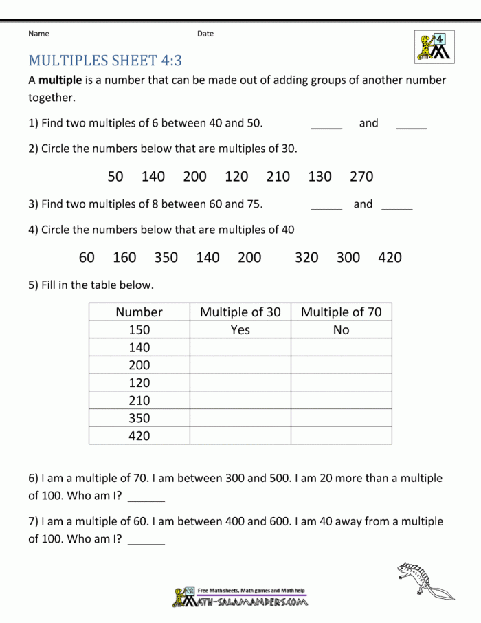 Fourth grade math worksheet for students to practice identifying multiples of whole numbers